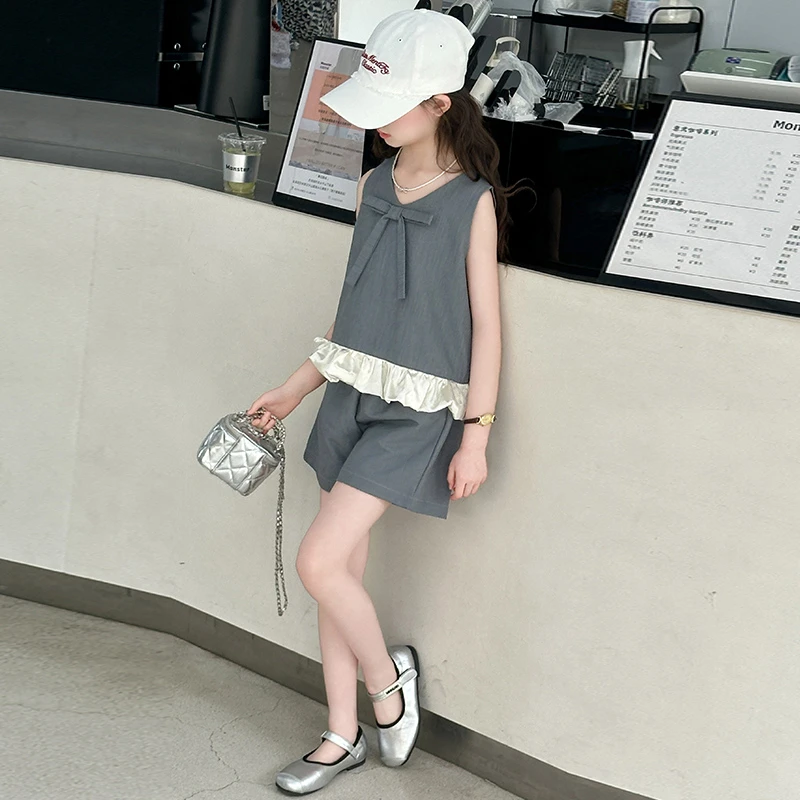 女童夏装套装2025新款儿童洋气时髦无袖t恤中大童夏季短裤两件套