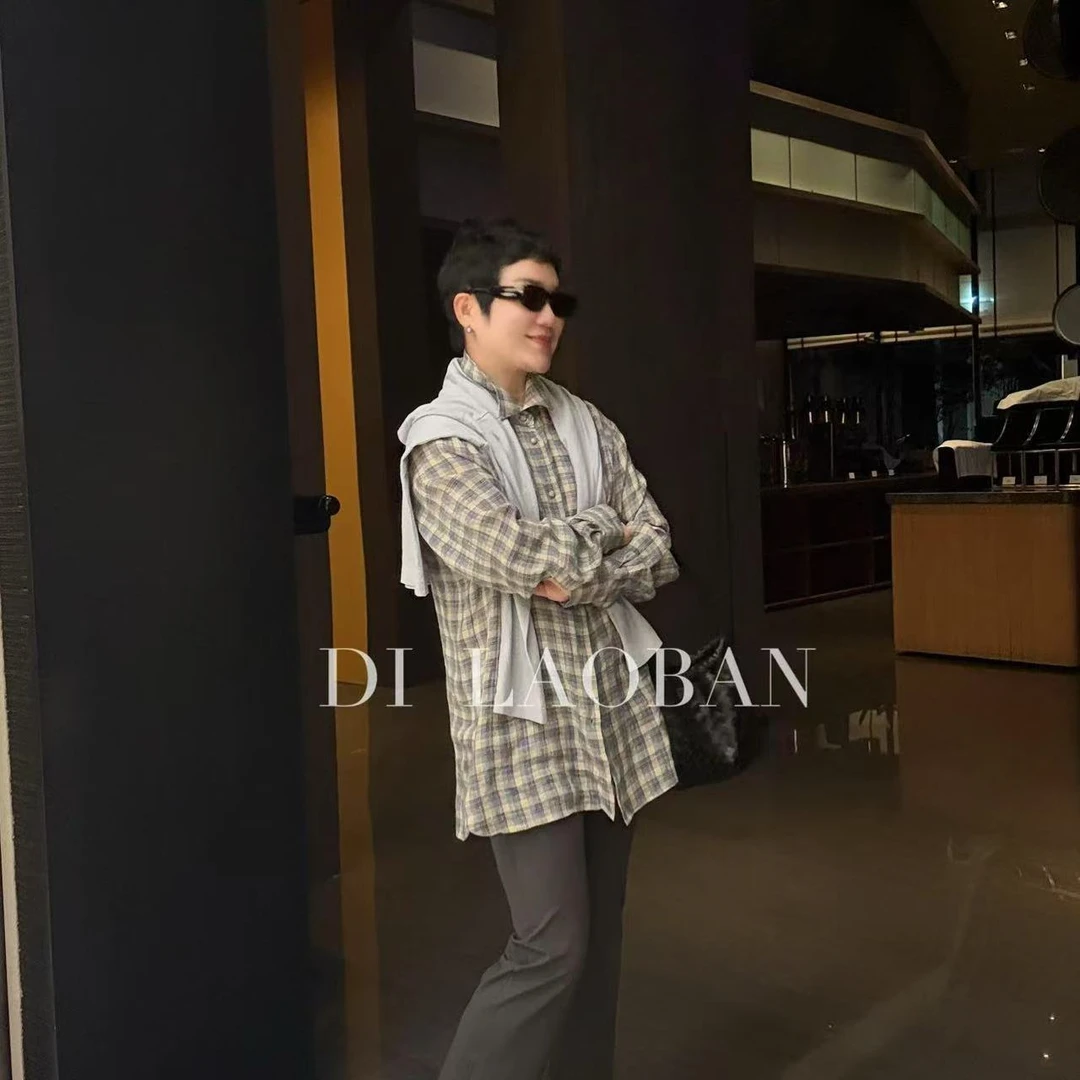 H·G【自在简括】2650  新款宽松极简百搭包纽扣高品质格子衬衫