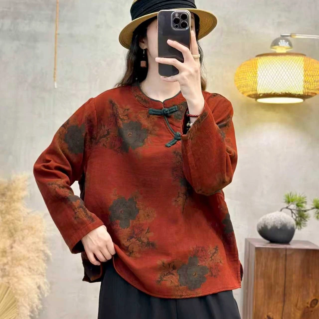 秋季新款斜襟立领盘扣套头印花上衣女新款禅意茶服外套