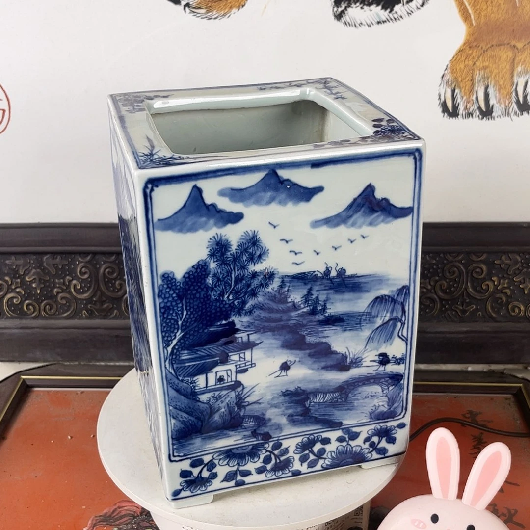 摆件巴*青花瓷山水人物笔筒