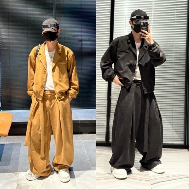 尚锋男装2513秋季休闲时尚套装西装阔腿长袖复古夹克两件套男