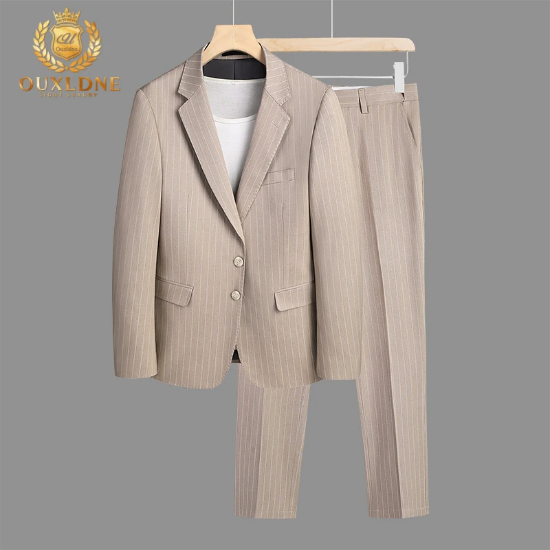 OUXLDNE 休闲西服套装男修身韩版春秋季新款高级感双开叉条纹西装