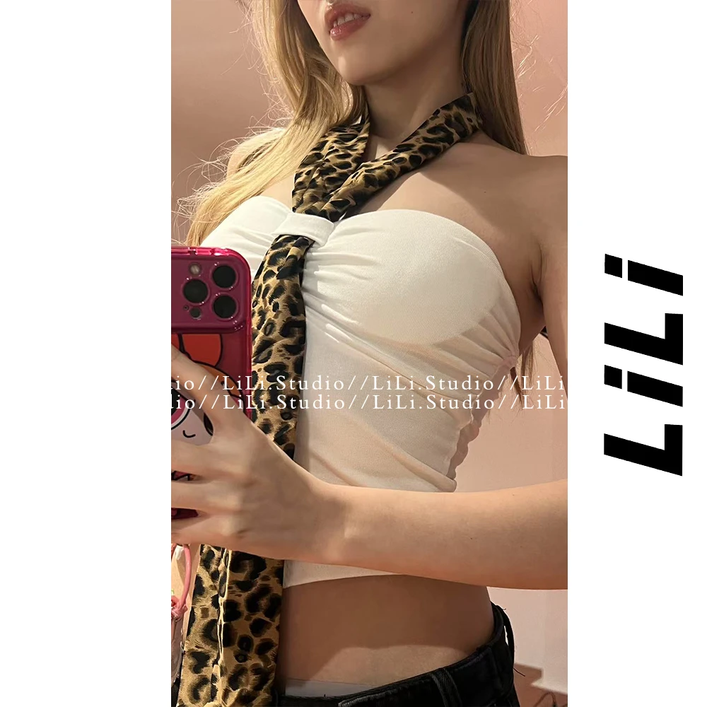 【李里家福利】美式辣妹豹纹挂脖抹胸背心性感时髦9206
