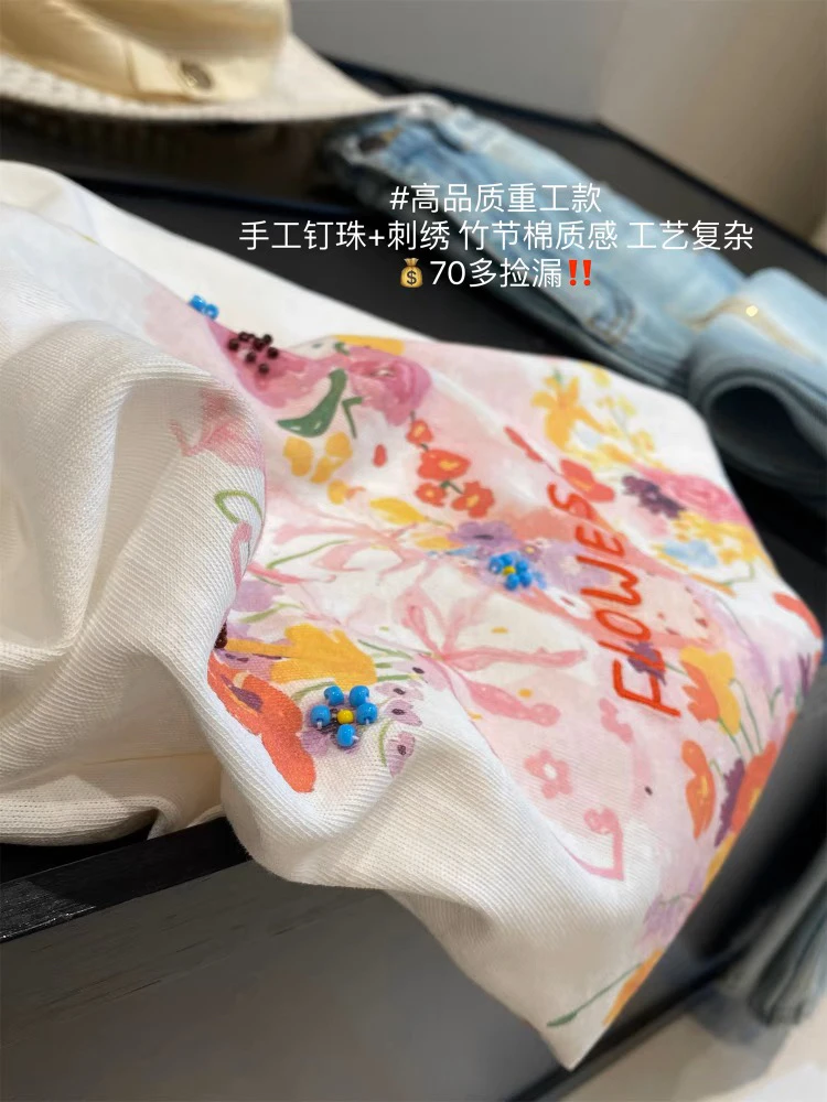 轻薄透气雪花棉花朵印花T恤女夏季立体珠花白色圆领宽松短袖上衣