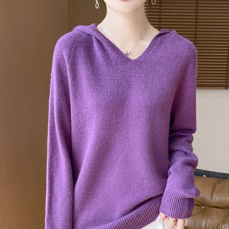 一线成衣双股加厚连帽羊毛衫女针织打底长袖毛衣插肩袖帽衫上衣潮