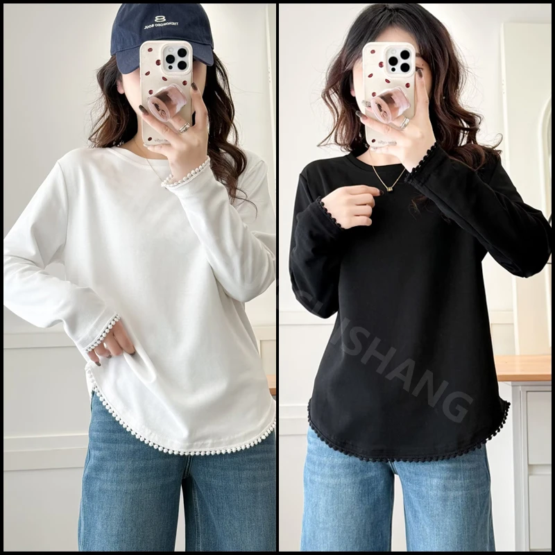大码女装洋气显瘦宽松简约圆领花边拼接百搭长袖T恤纯色显瘦上衣