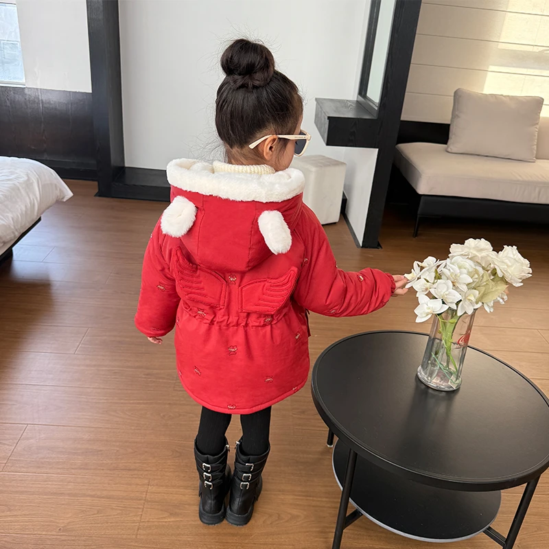女童中长款卡通棉服儿童派克服冬装连帽加绒棉衣女宝宝仿兔毛外套