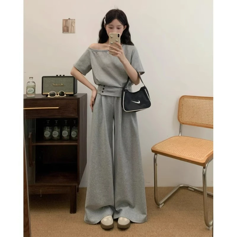 大码夏装搭配一整套微胖mm慵懒风斜肩灰色卫衣阔腿裤两件套女氨纶