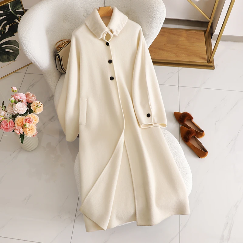 老钱风腔调围巾领羊绒大衣女100%山羊绒鹿王羊绒衫超长款针织外套