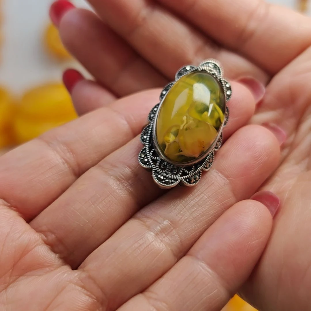 银S925镀金镶嵌蜜蜡戒指