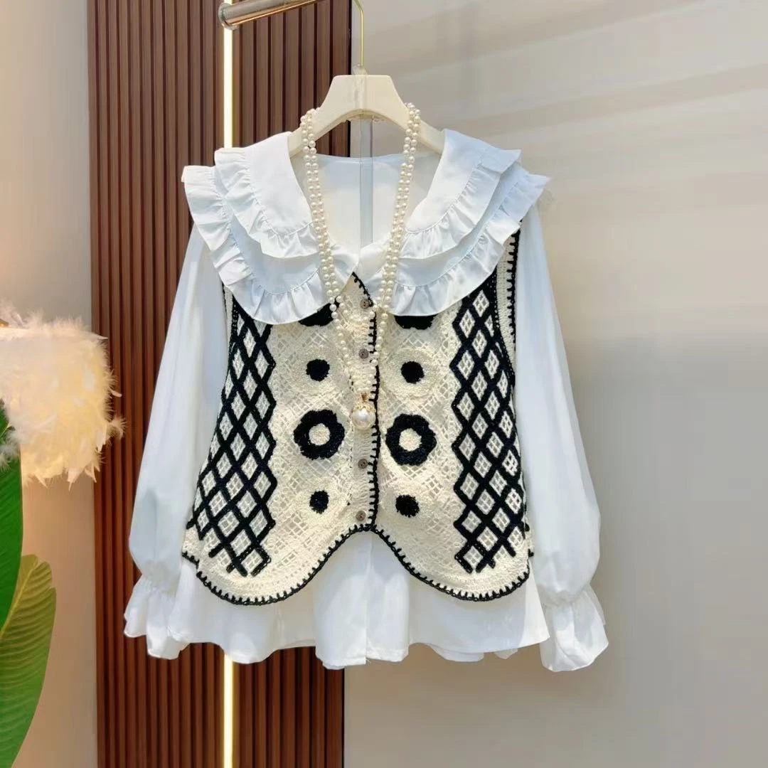 2025年欧货洋气针织马甲高品质娃娃领打底衫显瘦百搭两件套8527