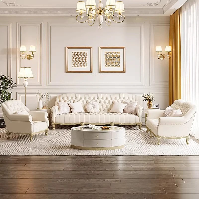 法式轻奢真皮123组合沙发客厅高端大气美式全实木三人位直排沙发