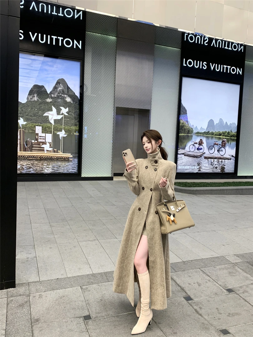 韩版立领高级感中长款过膝呢子大衣气质收腰显瘦长袖毛呢外套