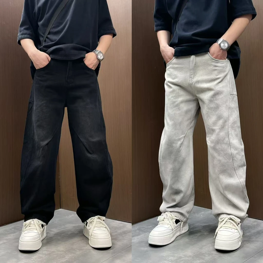 美式高街做旧渐变脏脏水洗宽松垂感弯刀阔腿痞帅百搭休闲牛仔裤男
