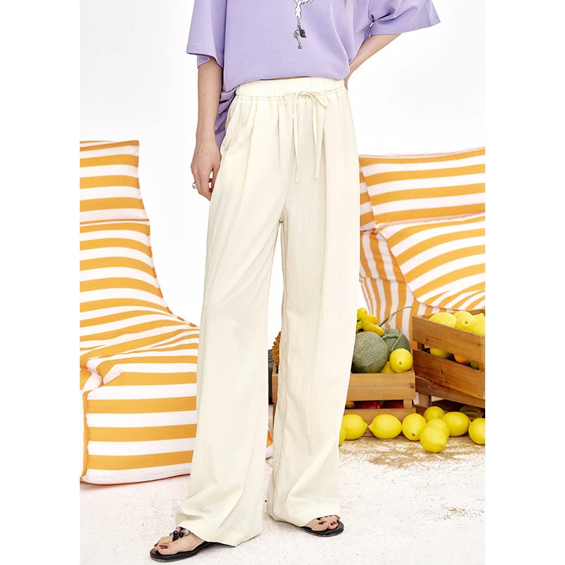 2025夏季新款舒适高腰直筒拖地裤子宽松松紧腰阔腿休闲裤女