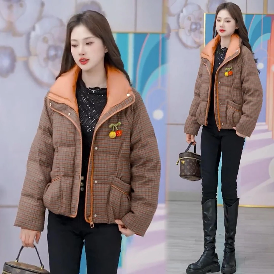 时尚撞色格子立领外套女2025冬季新款洋气质宽松显瘦休闲保暖棉衣