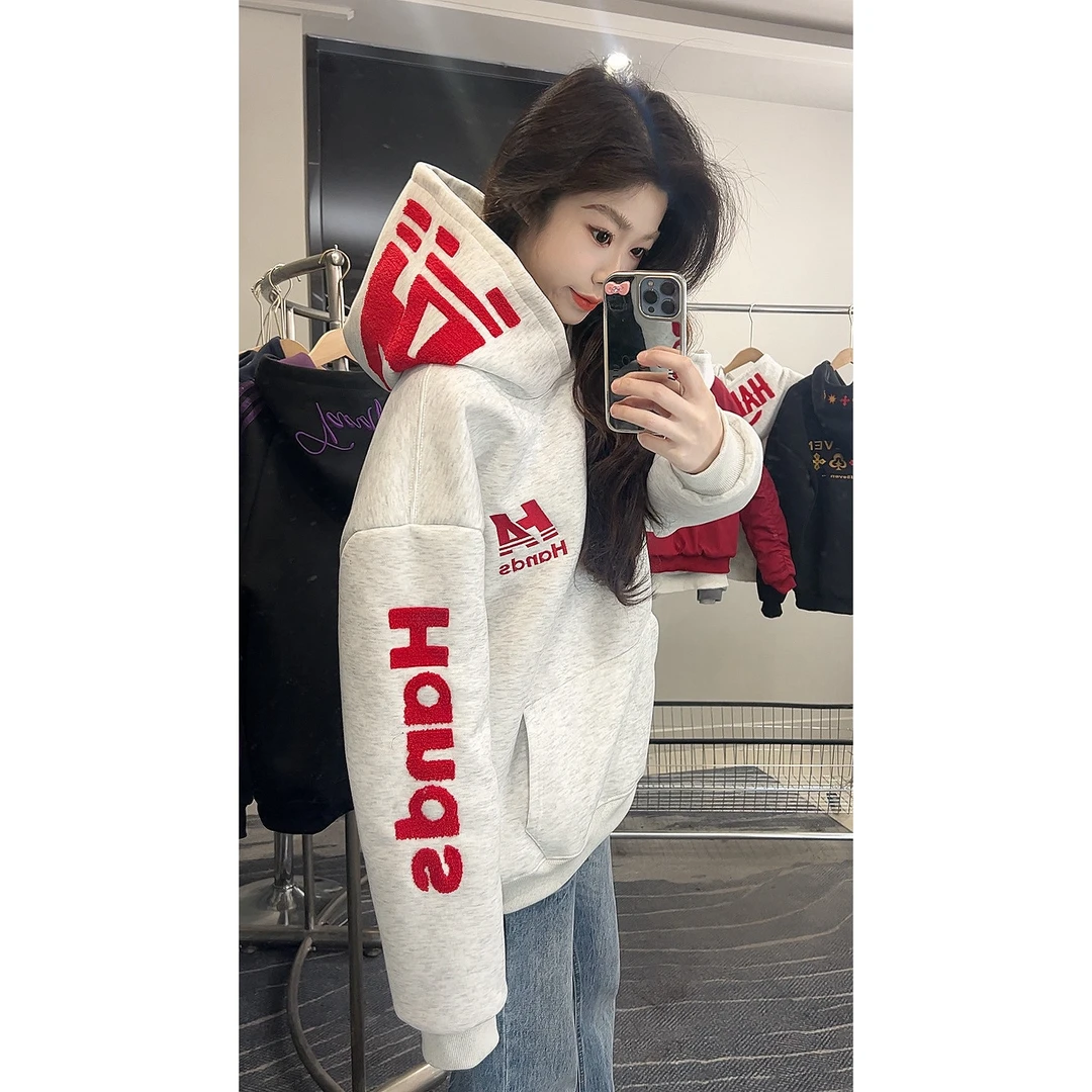HandSeven美式毛绒字母刺绣重磅连帽卫衣秋冬新款设计感情侣帽衫