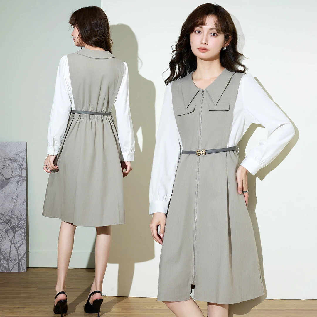【专柜品质】秋冬衬衫假两件连衣裙女气质百搭时尚法式收腰中长裙子