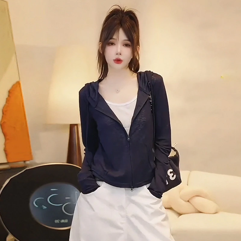 【8977桃】大码假两件连帽薄款防晒长袖上衣女2025新款开衫短外套