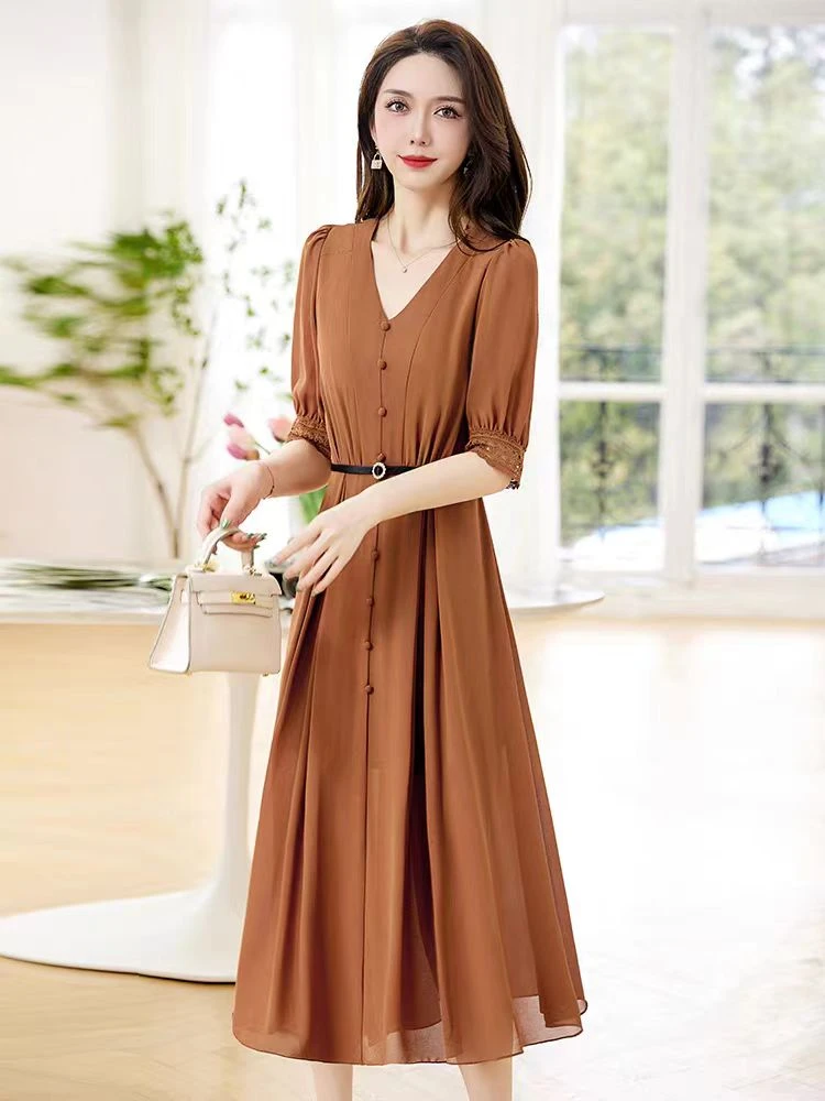 长裙夏季宴会树脂固色气质法式优雅长款短袖连衣裙1013