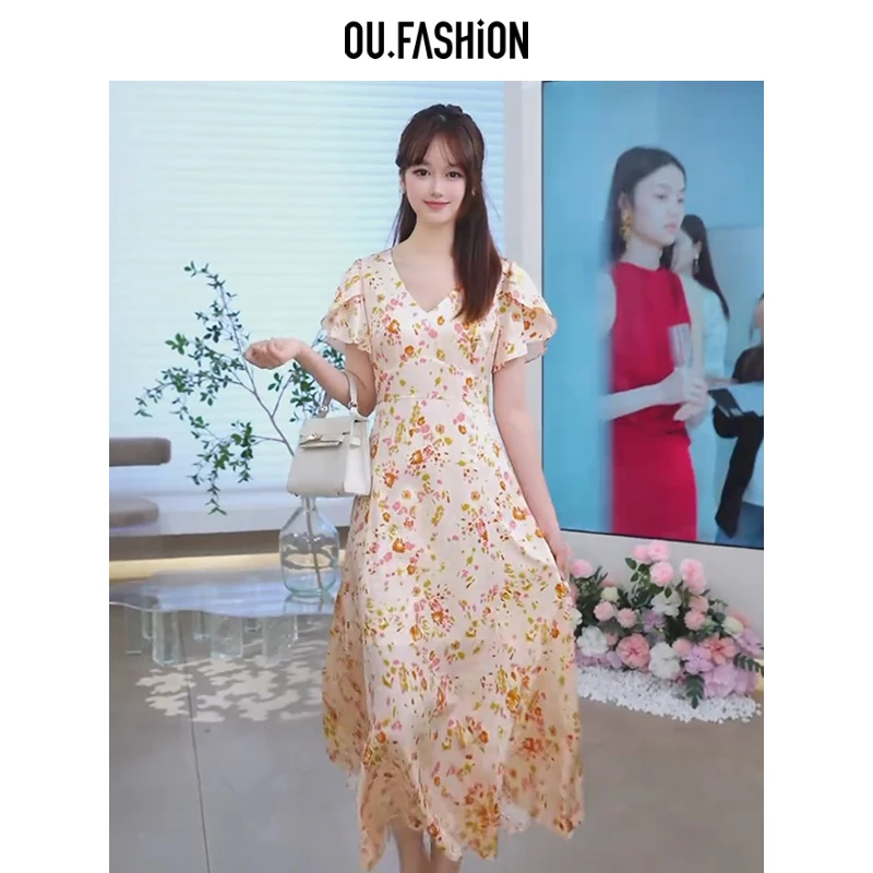 OU.FASHION/欧点花瓣袖碎花连衣裙女复古收腰中长裙子1122420118