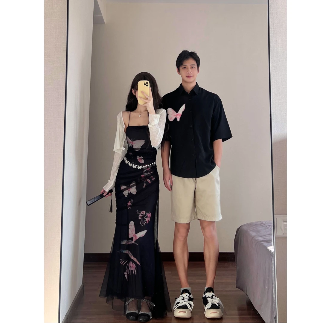 小众设计感情侣装夏季韩版短袖衬衫男女连衣裙法式一裙一衣ins潮