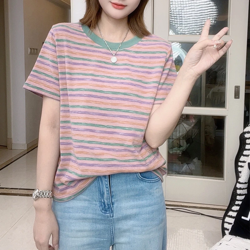 粉色条纹正肩短袖t恤女夏季2025新款欧货高级感修身短款体恤上衣2