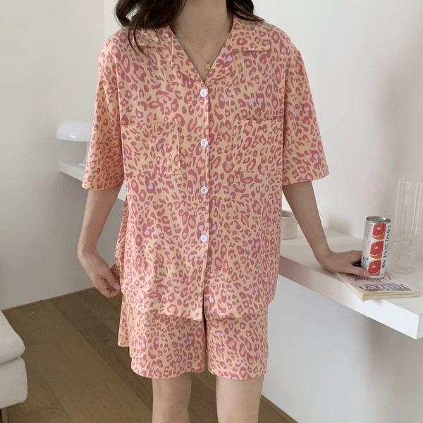 冰丝睡衣高级感女宽松豹纹ins夏季短袖薄款家居服套装