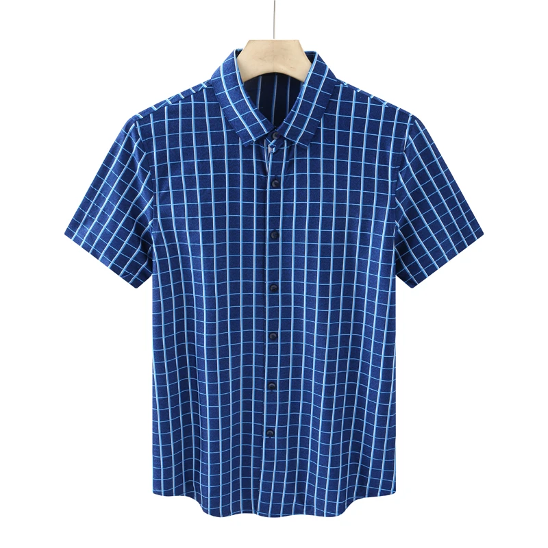 CA228 机场货卡夏季男式短袖衬衫 桑蚕丝开衫休闲商务上衣弹力 蓝