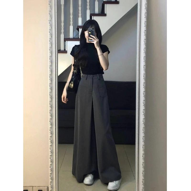 夏季新款小个子盐系轻熟穿搭套装女茶系显瘦网红炸街阔腿裤两件套