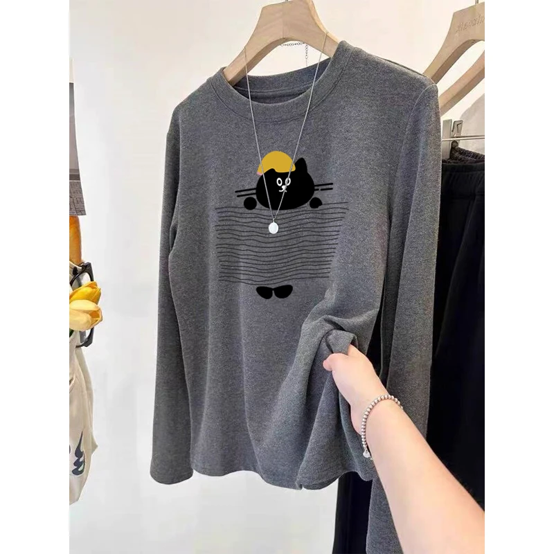 德绒磨毛正肩长袖t恤女百搭圆领上衣加厚款保暖内搭打底衫秋冬季