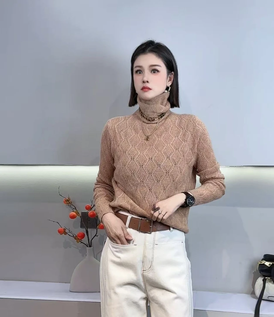 欧货勾花毛衣女半高堆领软糯洋气减龄内搭羊毛针织打底