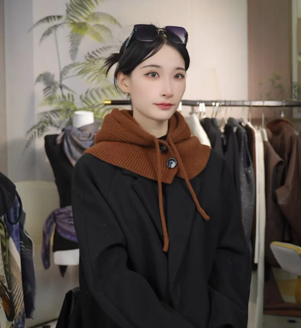 针织帽 纯色帽子 护颈保暖围巾一体帽毛线围脖