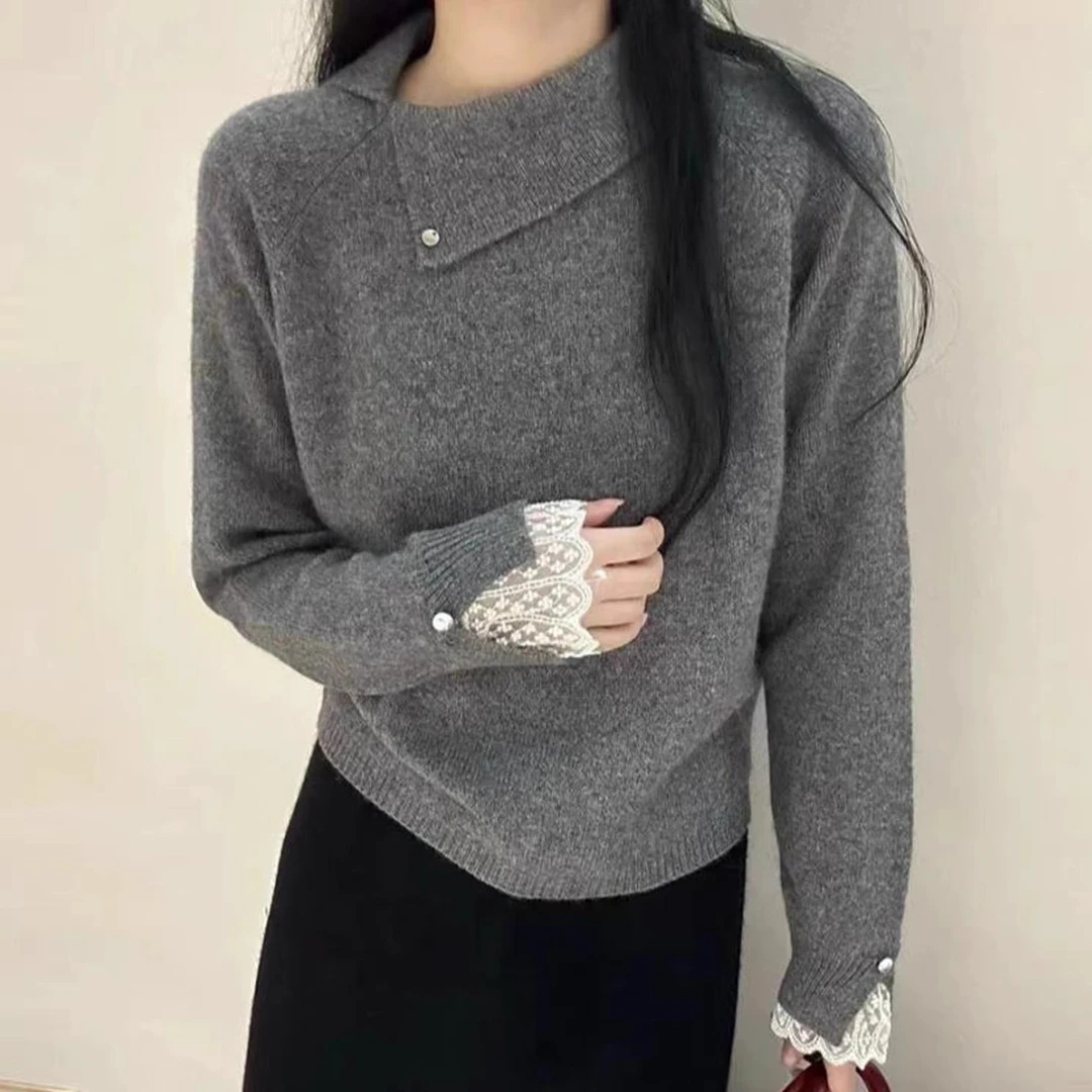 乐缘新款冬季爆款气质拼接蕾丝针织女士毛衣针织上衣
