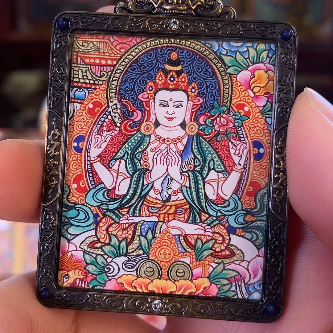 依***云吊坠热贡纯手绘唐卡四臂