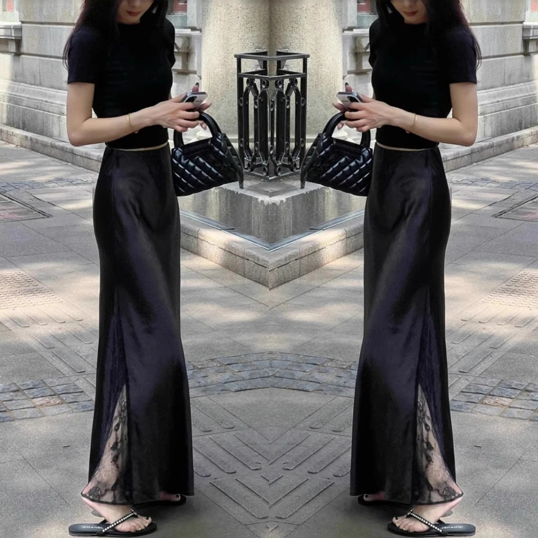 法式高级感蕾丝拼接醋酸黑色半身裙女夏季高腰显瘦中长缎面包臂裙