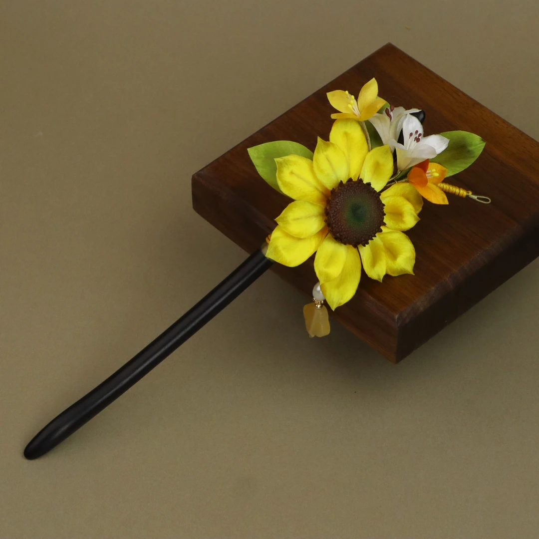 【灿烂千阳】非遗绒花纯手工向日葵发簪绿檀百搭古风简约日常古典簪