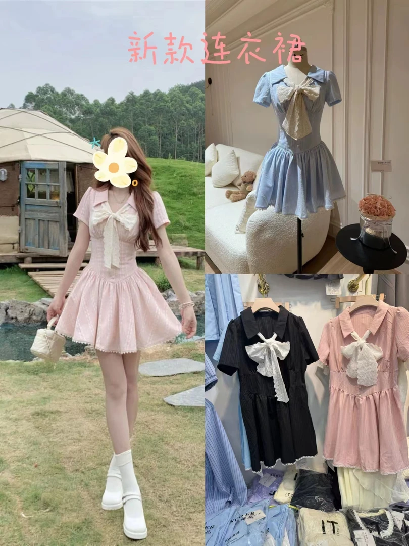 心动恋曲法式少女蝴蝶结连衣裙甜美小个子收腰显瘦蓬蓬裙女夏