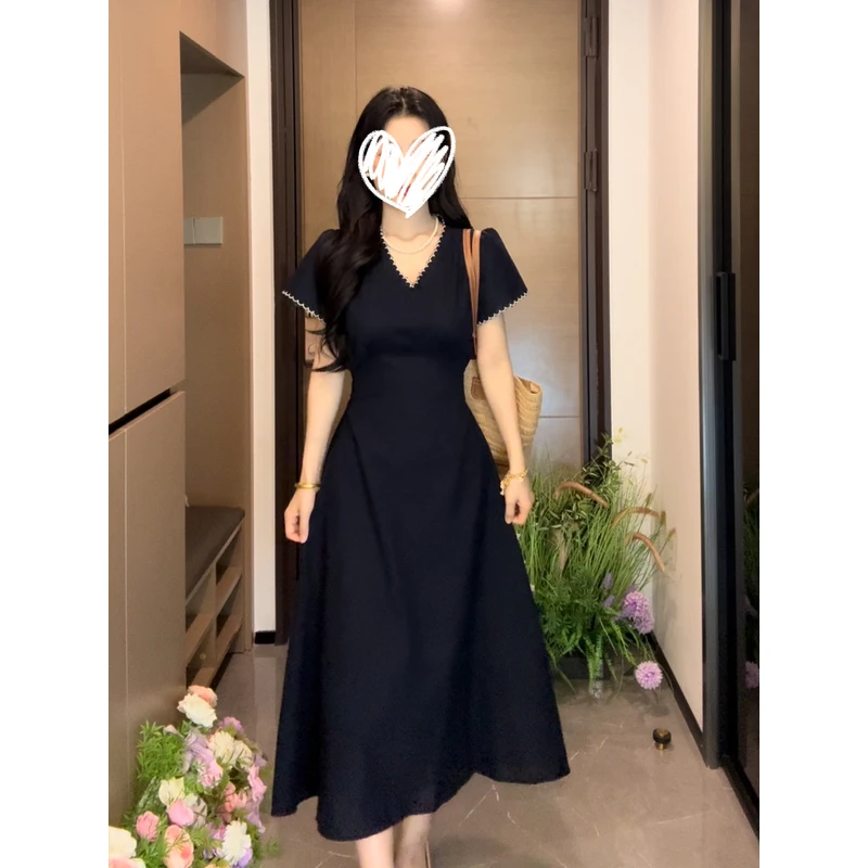 ②气质绣花边收腰绑带显瘦V领短袖连衣裙轻奢长裙子1012#A