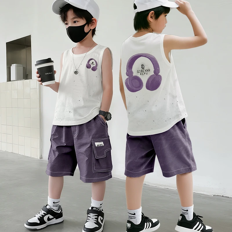 简洁休闲百搭背心童装透气夏季无袖男宝宝圆领薄款套装简约闪银潮
