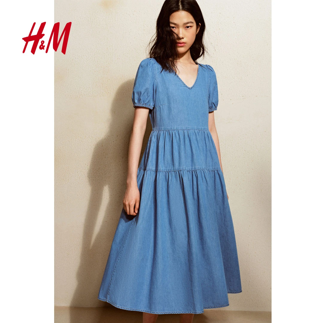 HM2025夏季新款女装流光风百搭分层牛仔连衣裙1303317