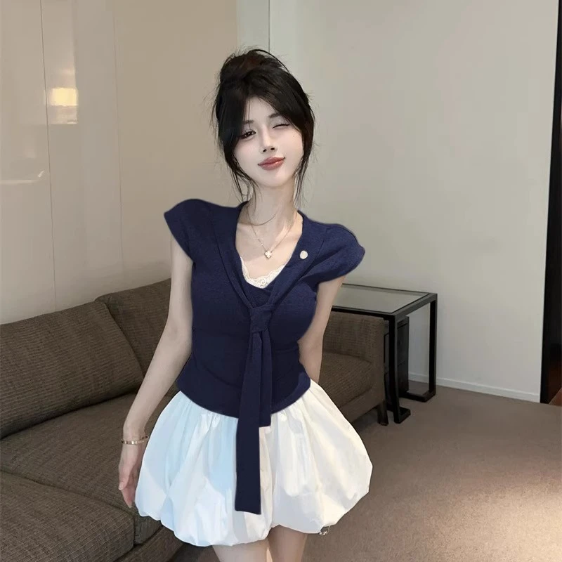 海军领系带蕾丝拼接无袖修身T恤+花苞半身裙2025夏季两件套装女