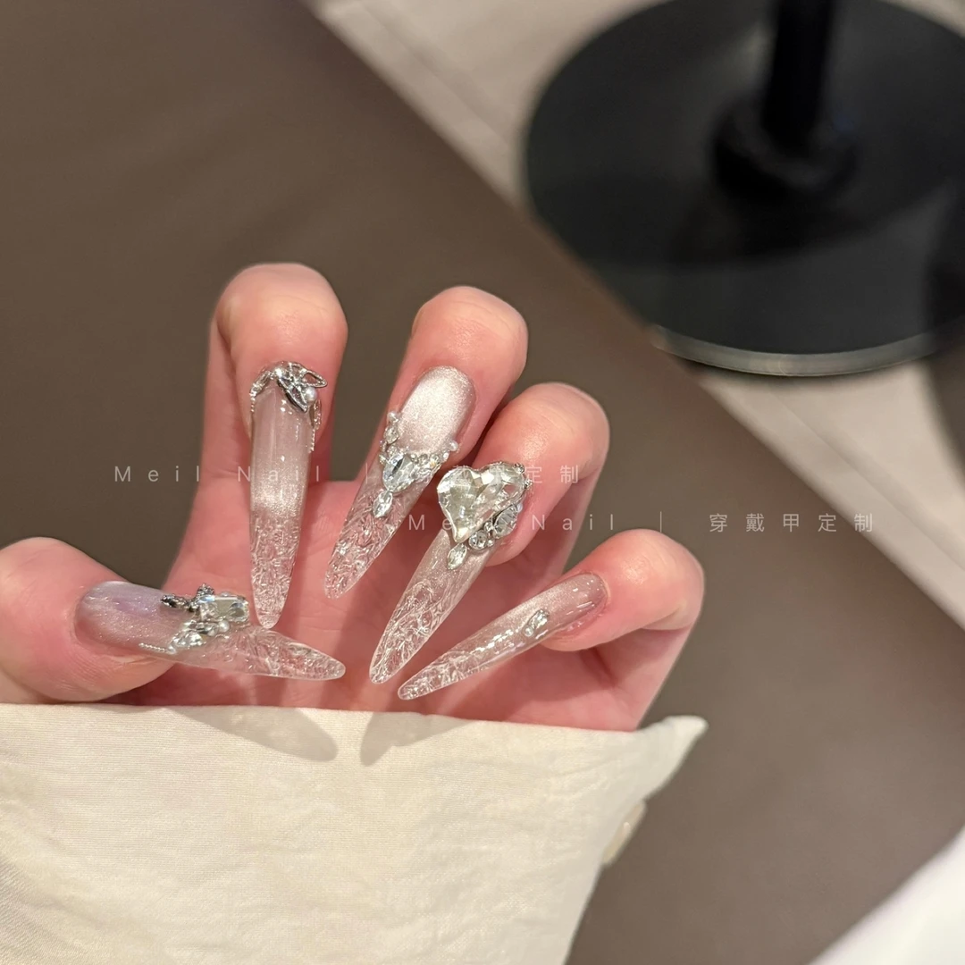 Meil Nail 眼泪女王 36超长尖圆夏日藕紫色系猫眼琉璃美甲穿戴甲