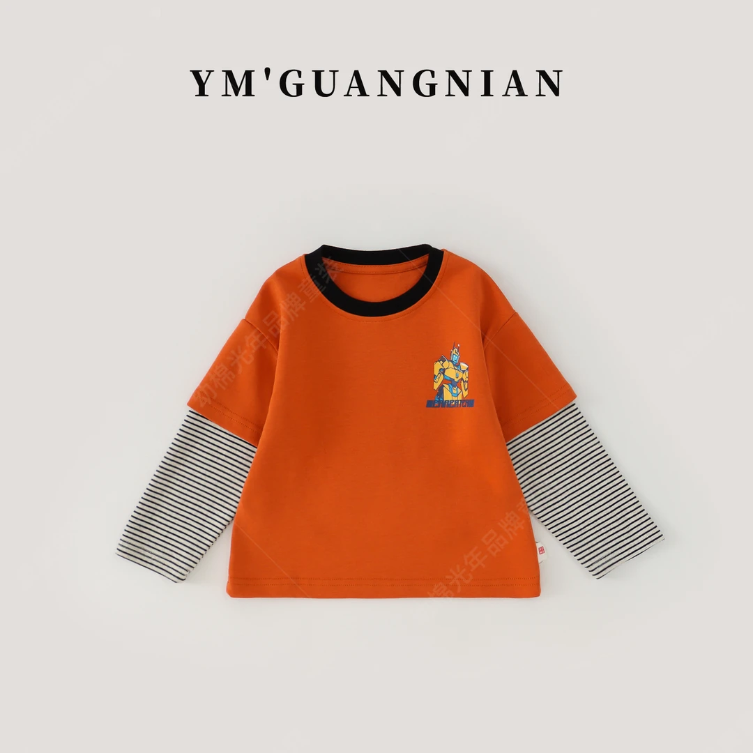 【幼棉光年】春季男童假两件圆领条纹T恤儿童卡通印花长袖2201022