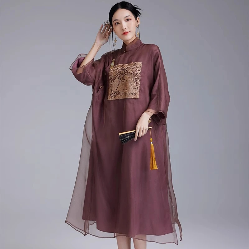 陌遇春夏新款100%桑蚕丝中国风改良宽松大码旗袍刺绣连衣裙M21356