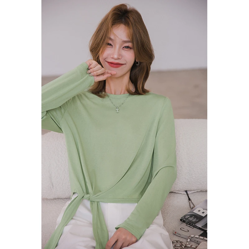 【季末折扣】小谷粒时尚圆领牛油果T恤单侧绑带长袖防晒