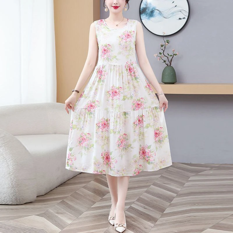 夏季新款棉绸连衣裙女无袖背心长款减龄外穿碎花防凸家居女士裙子