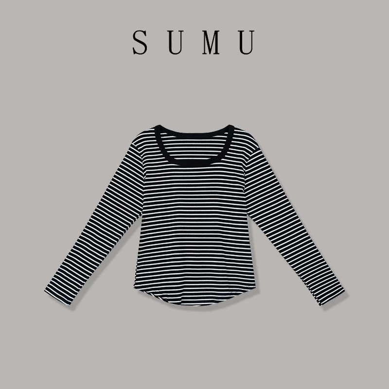 宿慕SUMU女士打底衫9-10秋冬季新款方领时尚条纹长袖T恤9273