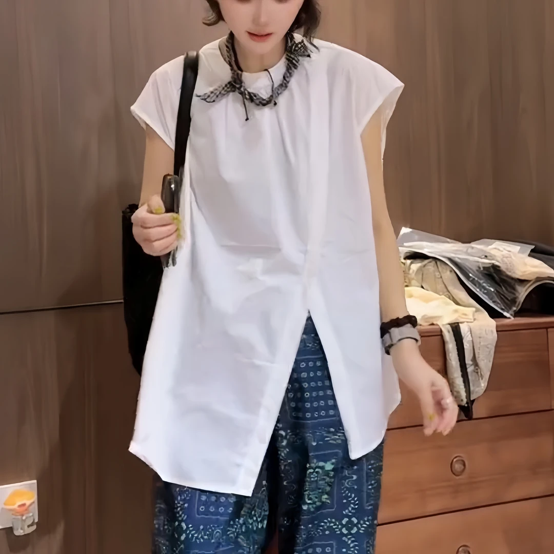 不规则白色开叉飞飞袖衬衫女2025夏季新款宽松设计感休闲气质上衣