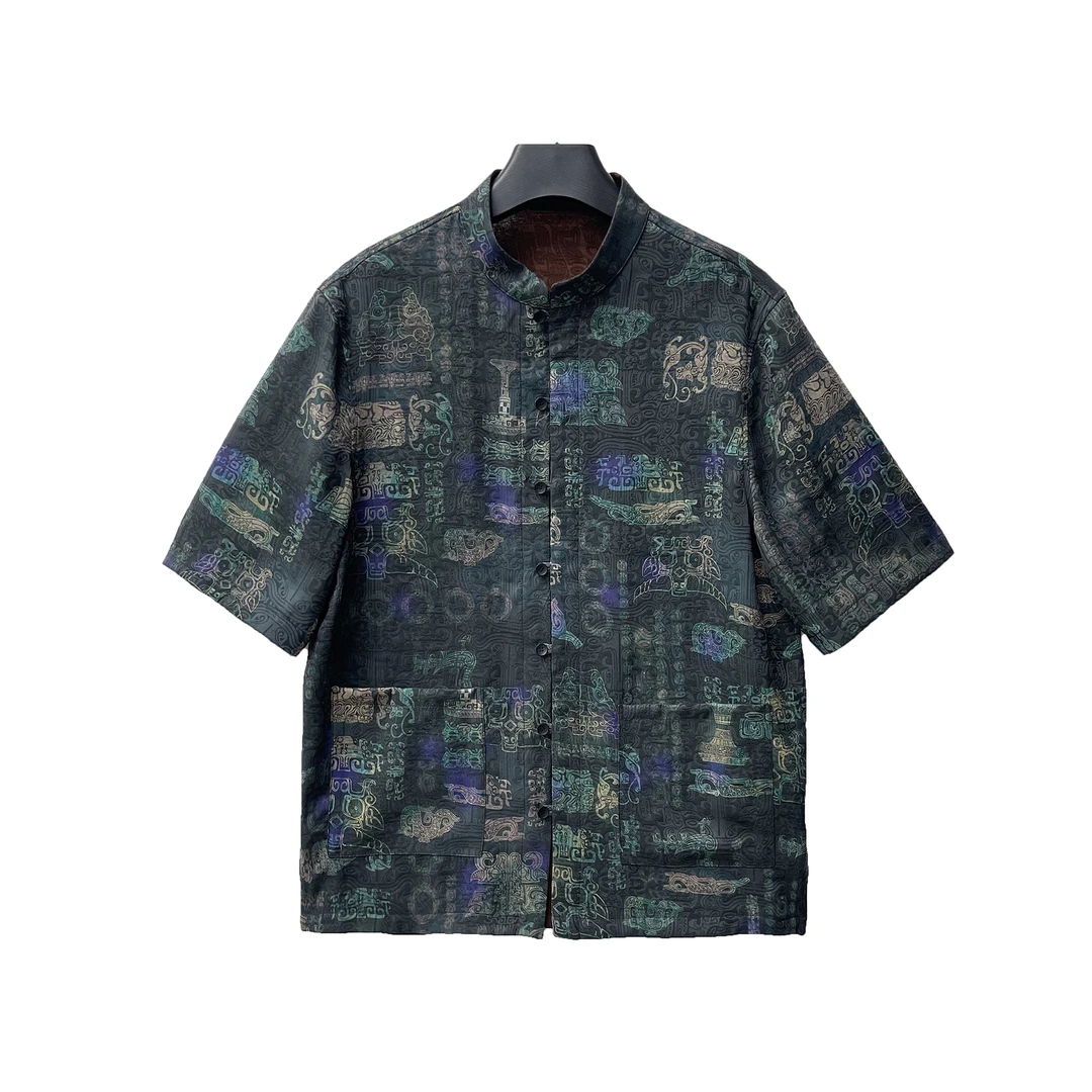 B2563-夏季男士桑蚕丝冠乐绉香云纱新中式短袖上衣